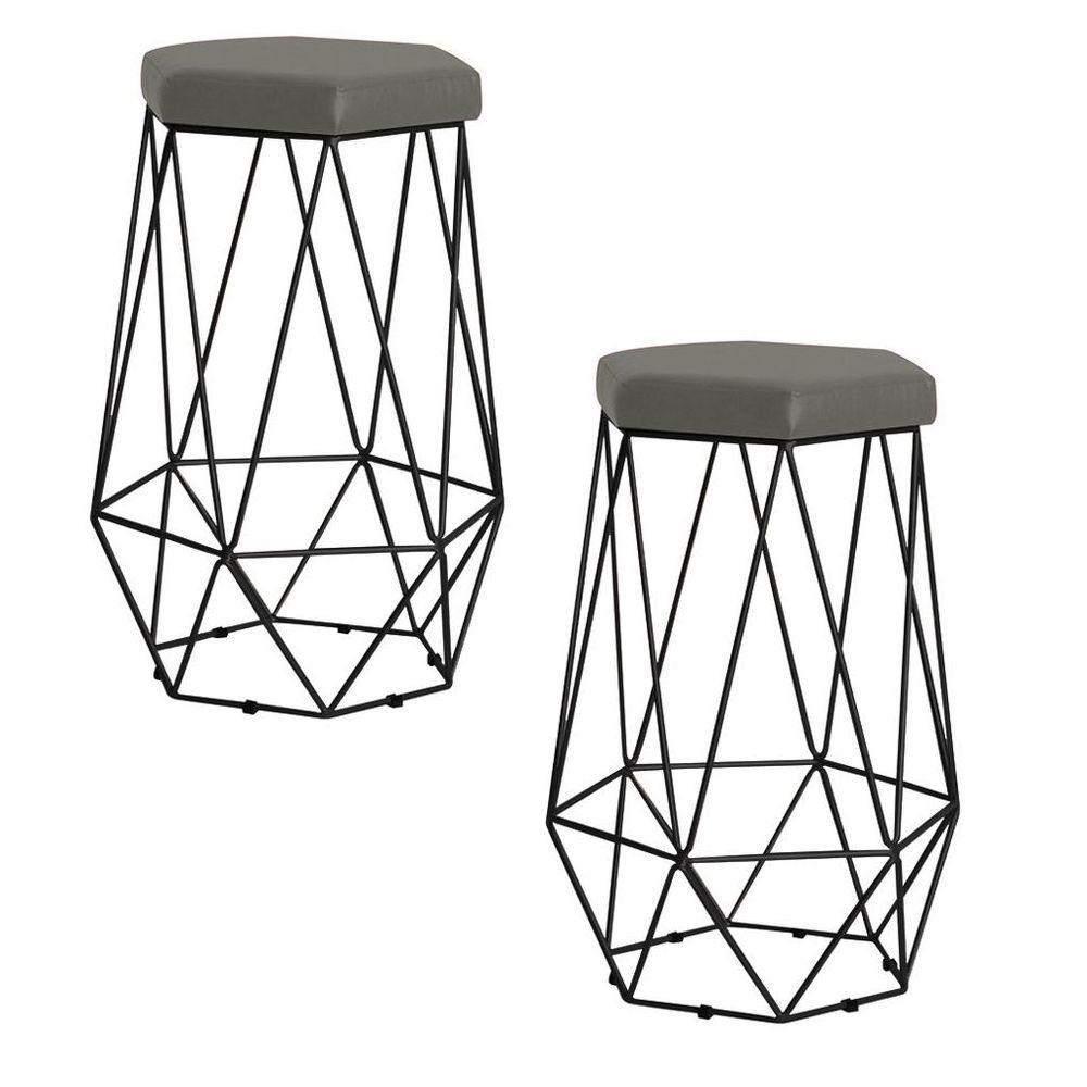 Kit 2 Banqueta Rubel Base Preta Veludo Cinza Gran Belo - 1