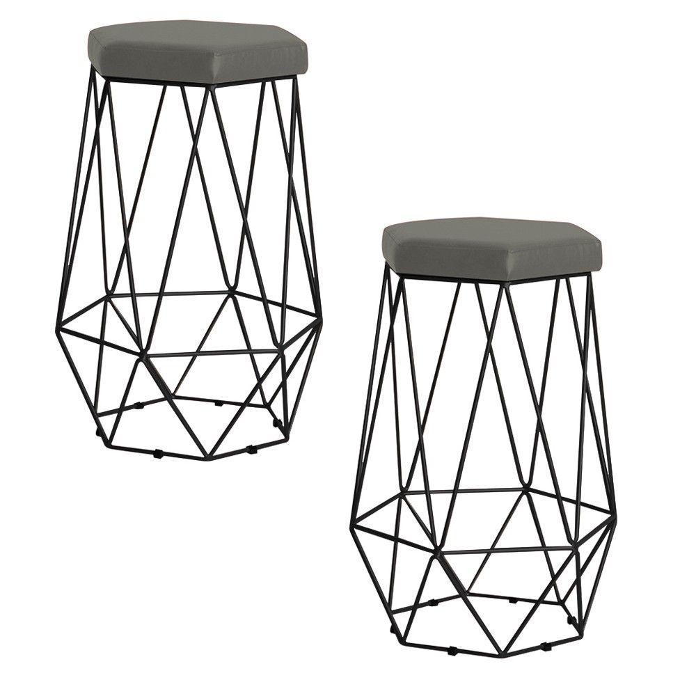 Kit 2 Banqueta Rubel Base Preta Veludo Cinza Gran Belo - 3