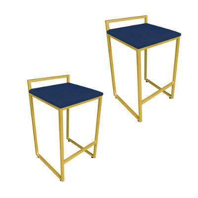 Kit 02 Banquetas Lavínia Suede Base Dourado Azul Marinho