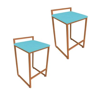 Kit 02 Banquetas Lavínia Suede Base Cobre Azul Turquesa