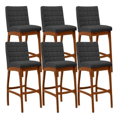 Kit 06 Banquetas Altas Mila L02 Poliéster Assento Fixo Encosto Madeira Preto Sala de Jantar