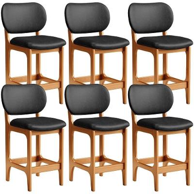 Kit 06 Banquetas Baixa Betta L02 Assento Courino Base Fixa Encosto Madeira Imbuia Preto