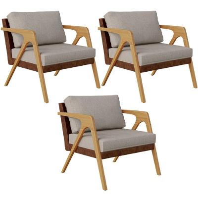 Kit 03 Poltronas Decorativas Pietra L02 Couríssimo Marrom Linho Bege Lyam Decor