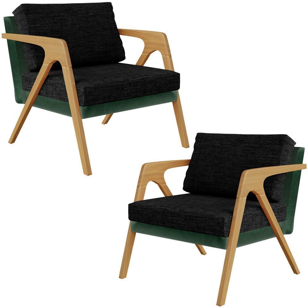Kit 02 Poltronas Sala L02 Facto Verde Musgo Linho Chumbo - 1