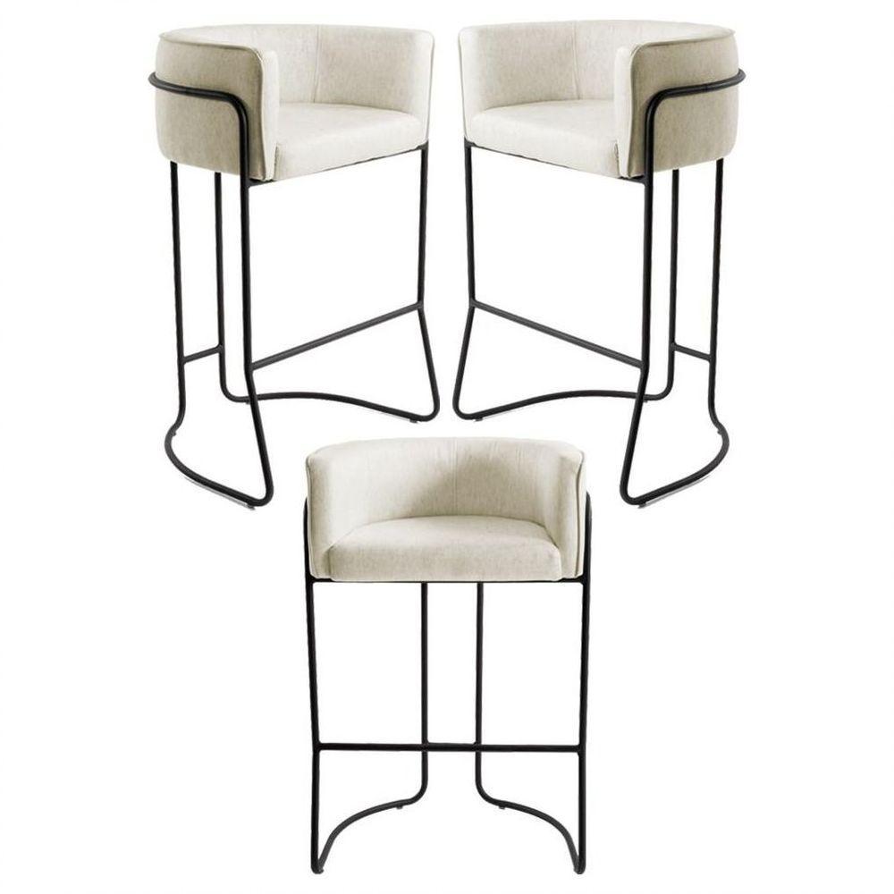 Kit 3 Banquetas Decorativas Base Aço Preto Betina C-107 Linho Bege - Domi - 1