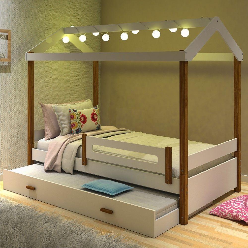 Cama Montessori Cabana Com Fio De Luz E Auxiliar Branco Mel - 1