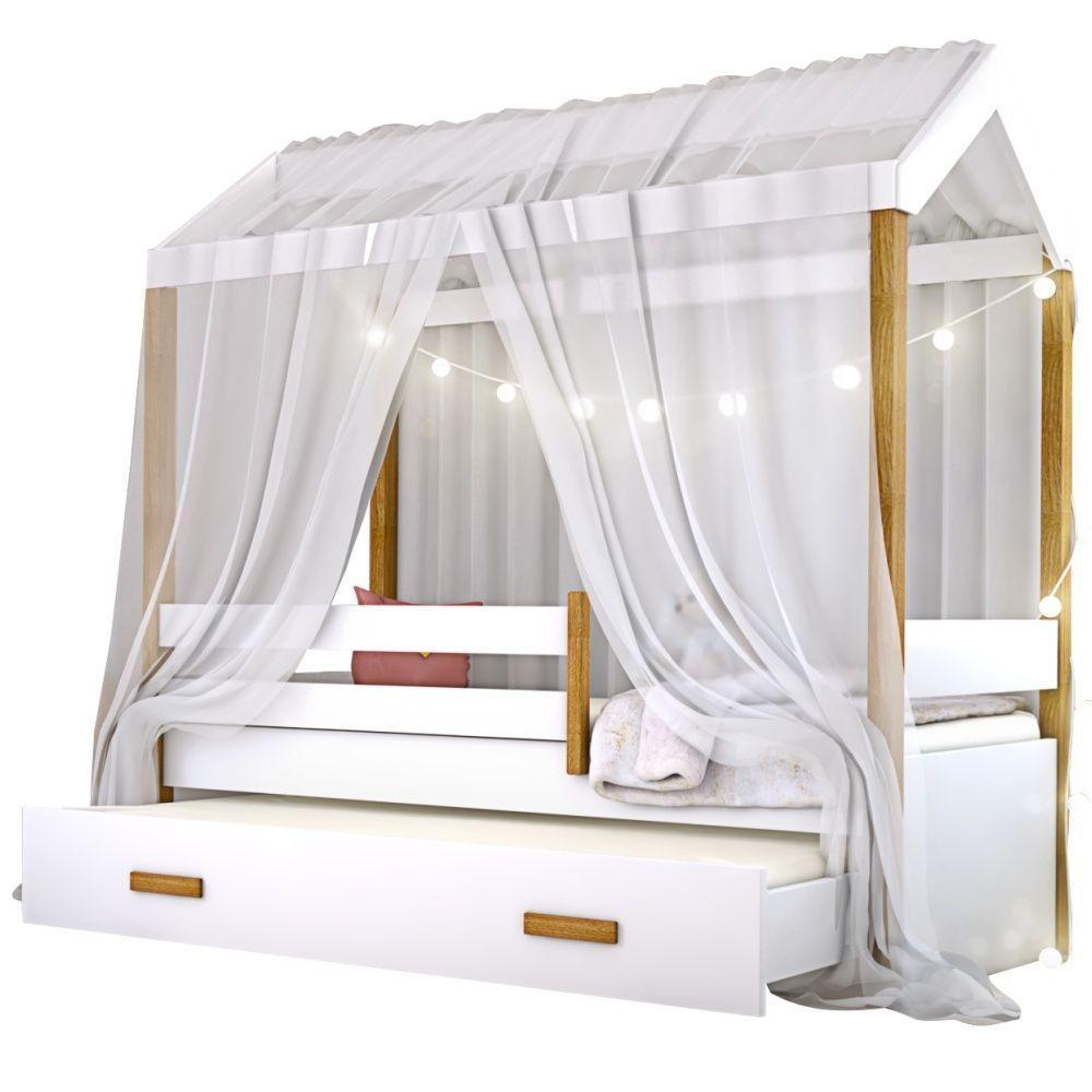 Cama Montessori Com Auxiliar Cordão Led E Dossel Branco - 1