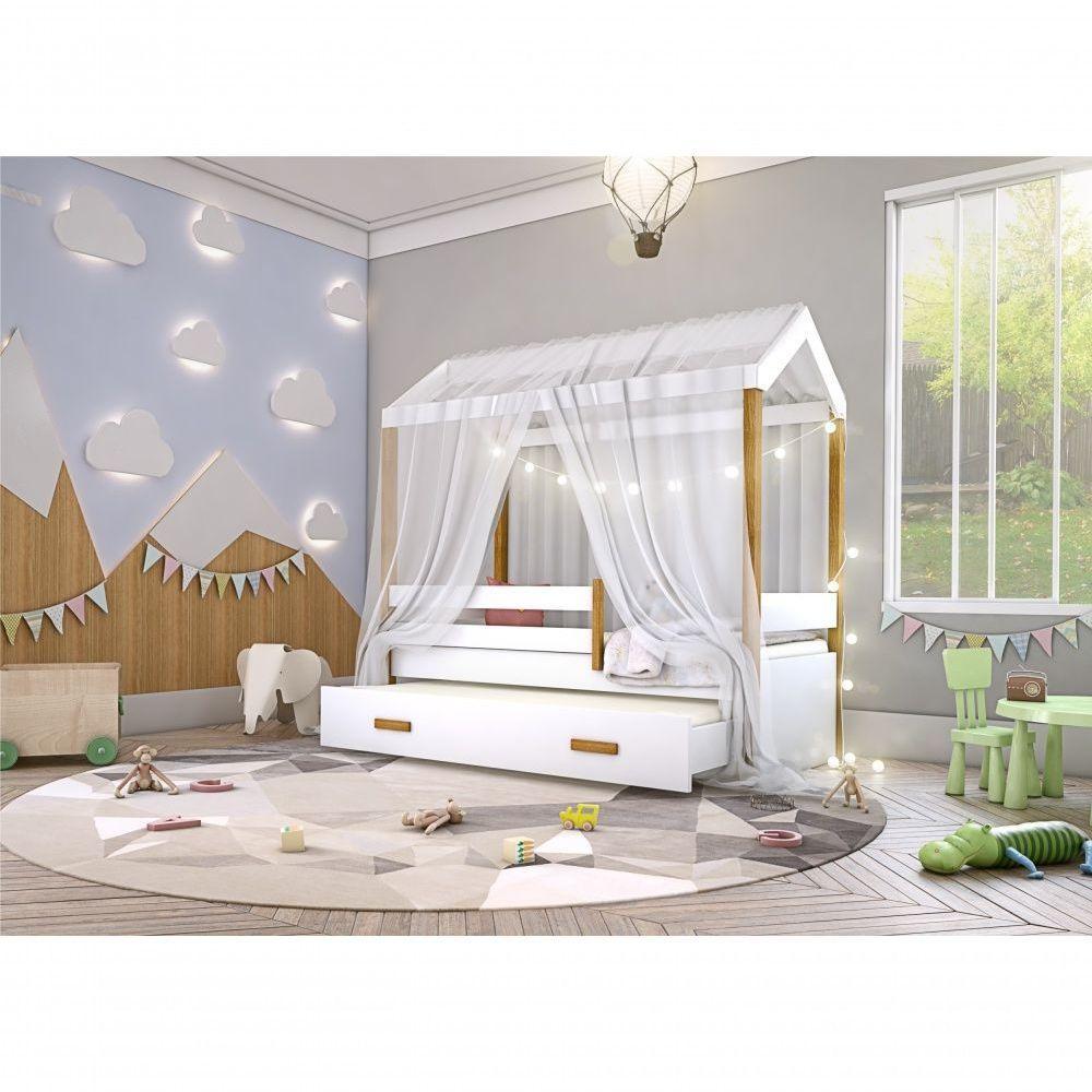 Cama Montessori Com Auxiliar Cordão Led E Dossel Branco - 2