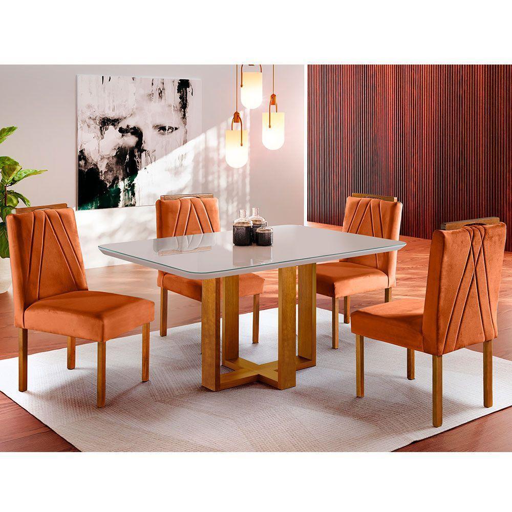 Conjunto Sala De Jantar 4 Lugares Mesa Com Tampo Em Vidro E Cadeiras Veludo Móveis off-white - 1