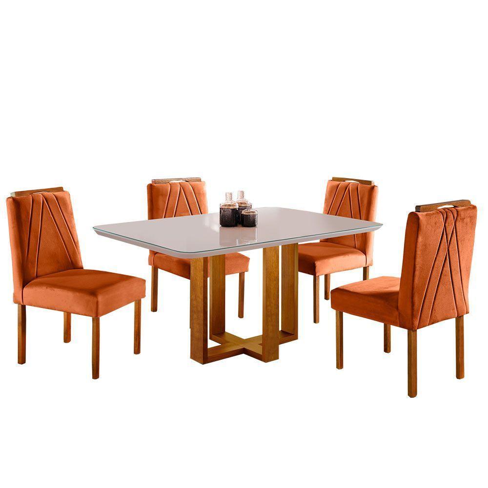 Conjunto Sala De Jantar 4 Lugares Mesa Com Tampo Em Vidro E Cadeiras Veludo Móveis off-white - 7