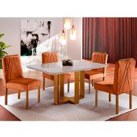 Conjunto Sala De Jantar 4 Lugares Mesa Com Tampo Em Vidro E Cadeiras Veludo Móveis off-white - 1