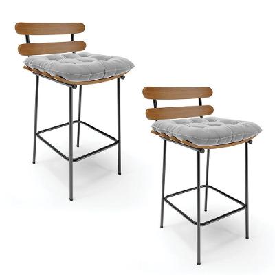 Kit 02 Banquetas Costela Suede Base Metal Cinza