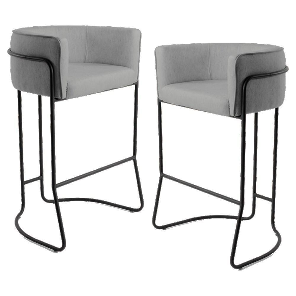 Kit 2 Banquetas Base Aço Preto Betina C-416 Linho Cinza Escuro - Domi - 1