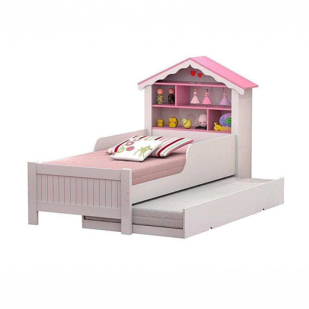 Cama Casinha De Boneca Com Cama Auxiliar, Nichos, Prateleira E Colchões Rosa - Vitamov - 3