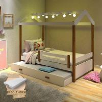 Bicama Solteiro Com Colchões E Led Casinha Montessoriana Eliz Proteção Branco/Mel - Cor: Branco - 1