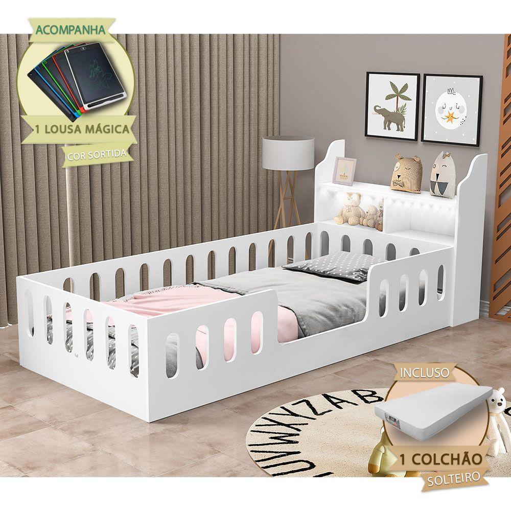 Cama De Criança Helo Solteiro C/ Colchão + Nicho + Led E Lousa Mágica Branca - Cor: Branco - 1