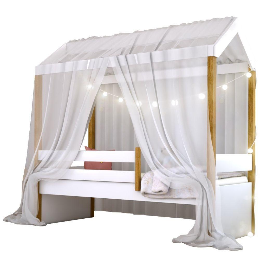 Cama Montessori Cabana Com Cordão Led E Dossel Branco - 1