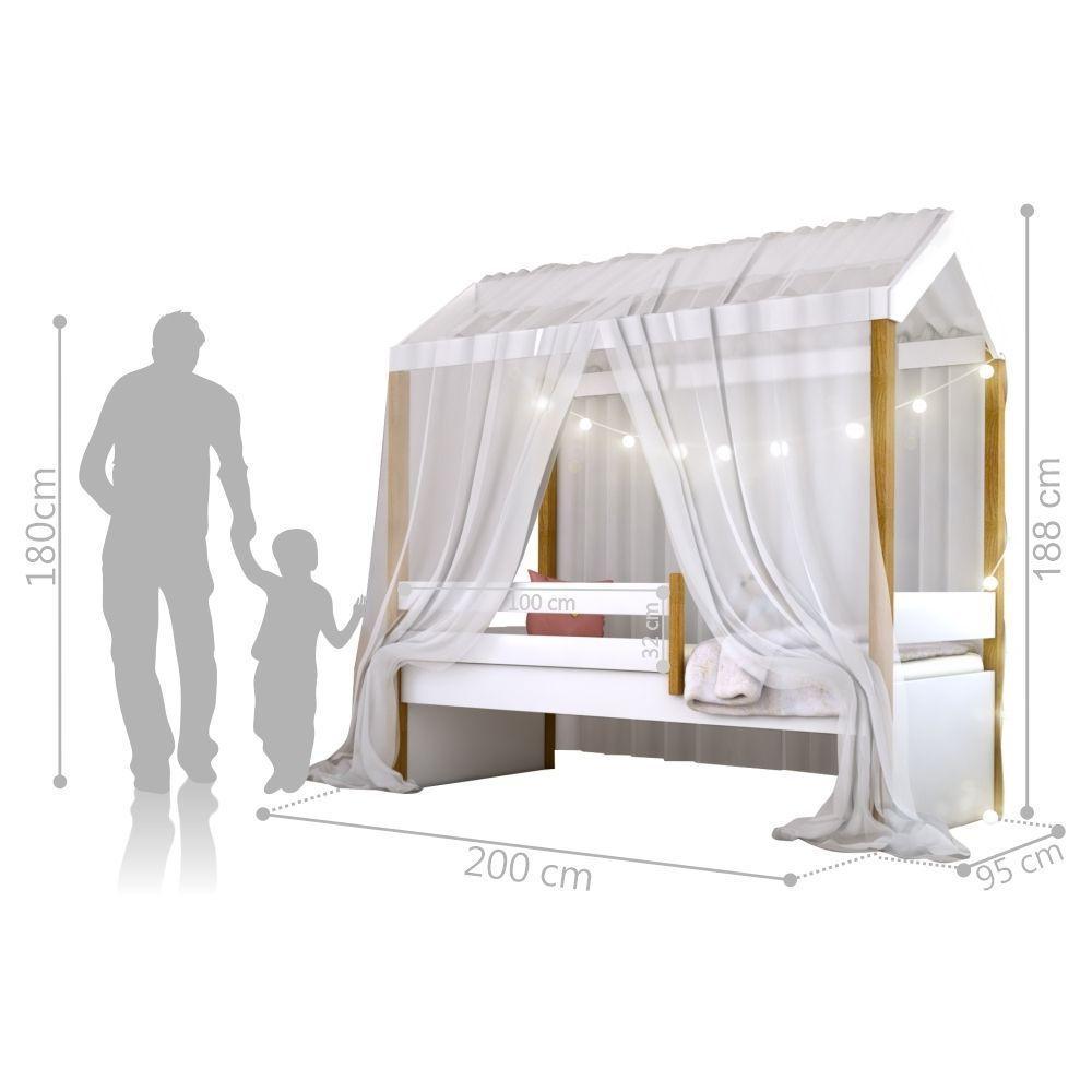 Cama Montessori Cabana Com Cordão Led E Dossel Branco - 3