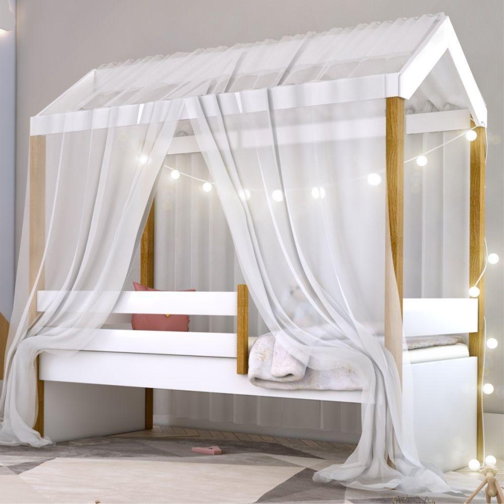 Cama Montessori Cabana Com Cordão Led E Dossel Branco - 4