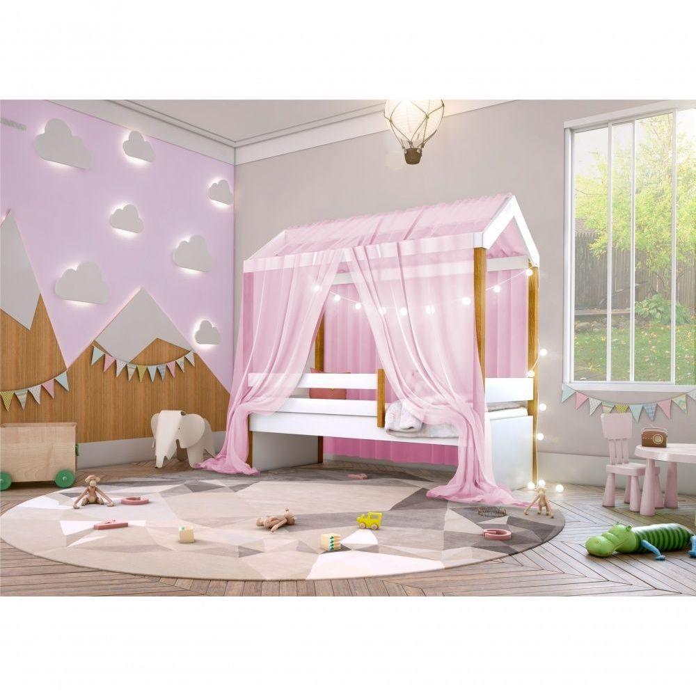 Cama Montessori Cabana Com Cordão Led E Dossel Rosa - 3
