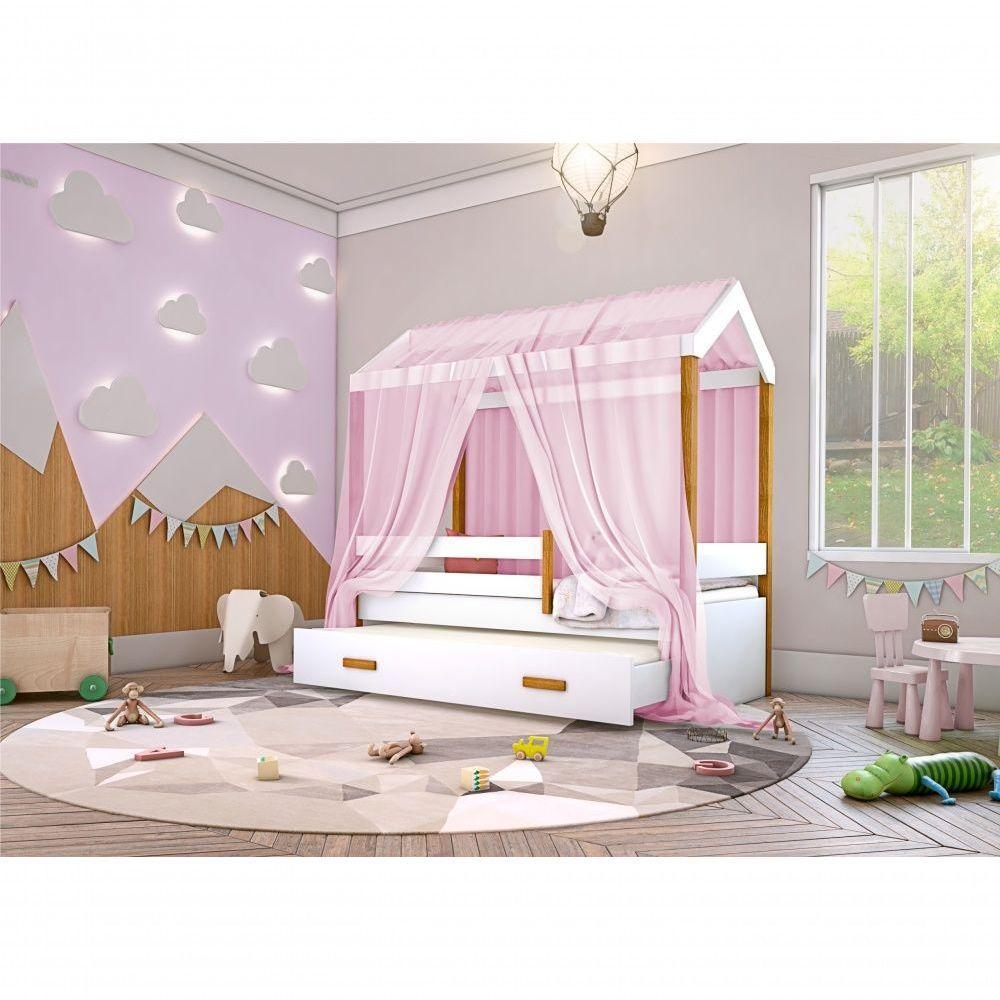 Cama Montessori Cabana Com Auxiliar Solteiro E Dossel Rosa - 2