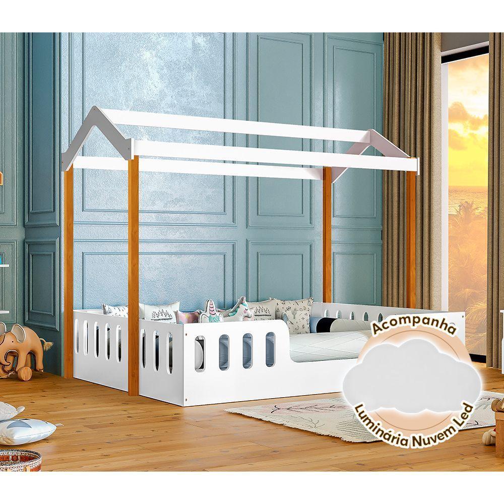 Cama Casal Casinha Segura Montessoriana Ágatha Branco/Amêndoa + Luminária Led - Cor: Branco - 1