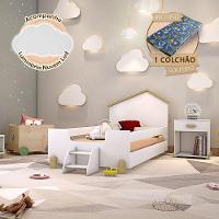 Cama De Criança Infantil Com Colchão E Escadinha Solteiro Branca E Natural + Luminária Led Branco - 1