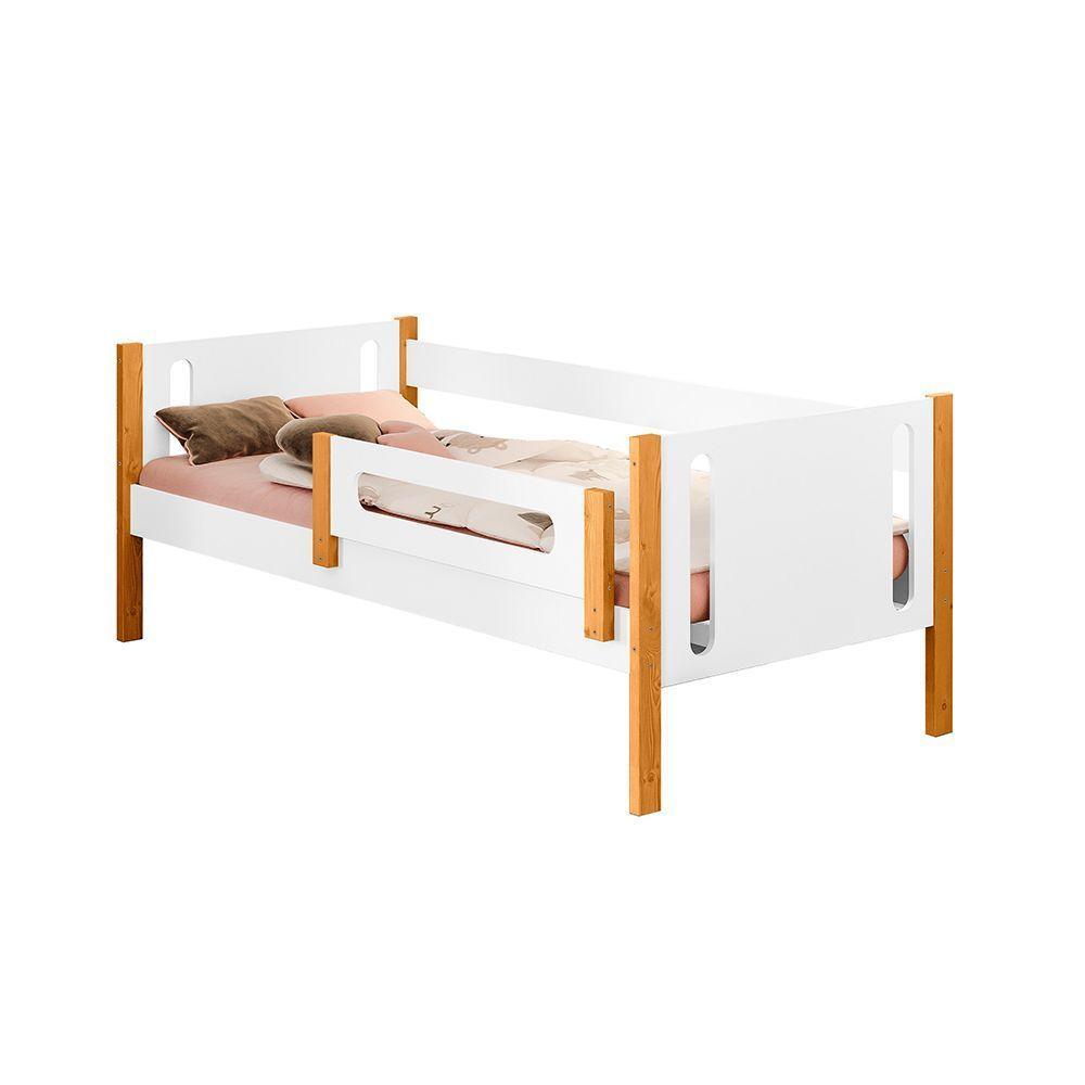 Cama De Solteiro Infantil Mirela Branca/Amêndoa Com Grade De Proteção E Colchão - Branco - 3