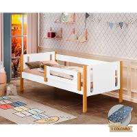 Cama De Solteiro Infantil Mirela Branca/Amêndoa Com Grade De Proteção E Colchão - Branco - 1