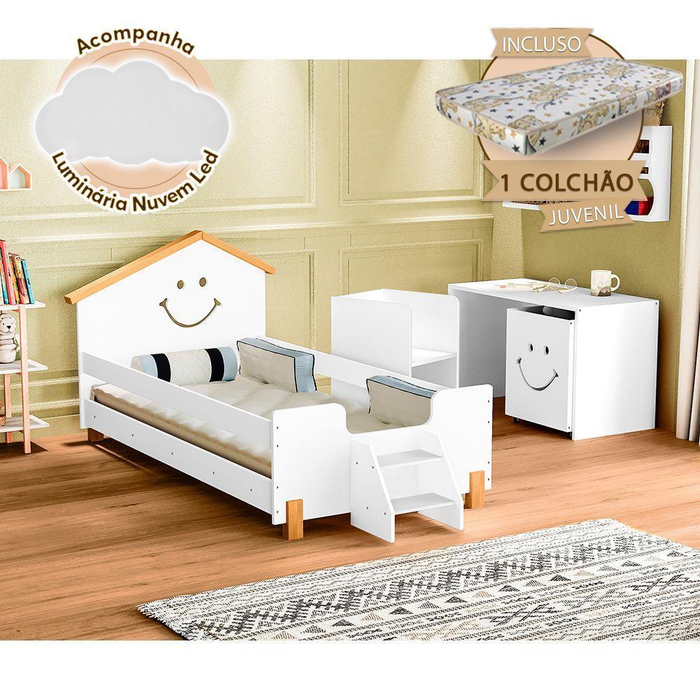 Cama Infantil Com Colchão Juvenil Alegra Branca E Amêndoa + Luminária Led - Branco - 1