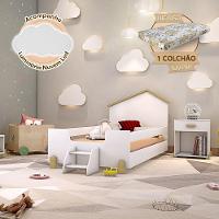 Cama Infantil Com Colchão E Escadinha Juvenil Ayla Branca E Natural + Luminária Led - Cor: Branco - 1