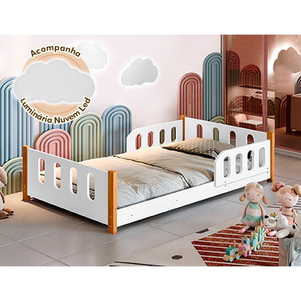Cama Infantil Juvenil Camila Com Grade De Proteção Branca + Luminária Led - Cor: Branco - 1
