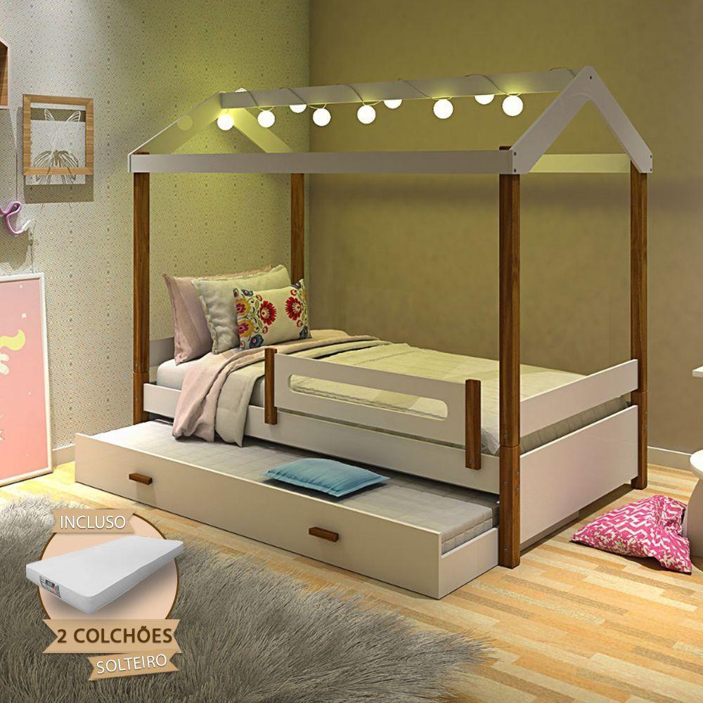 Bicama Solteiro Com Colchões E Led Casinha Montessoriana Eliz Proteção Branco/Mel - Branco - 1