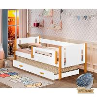 Cama Infantil Solteiro Mirela Com Cama Auxiliar E Grade De Proteção + Colchões Branca/Amêndo - 1
