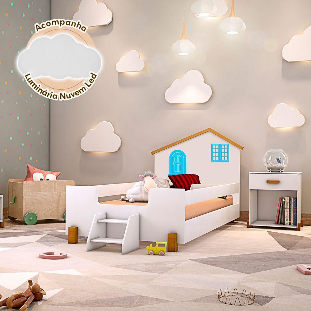 Cama Infantil Solteiro Belissima Azul - Branco E Amêndoa + Luminária Led - Cor: Branco - 1