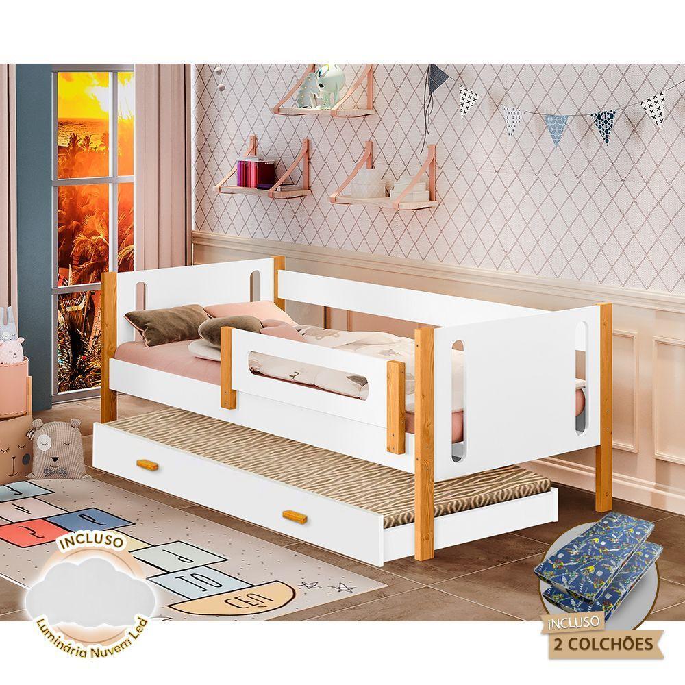 Bicama Infantil Com Grade De Proteção E Colchões Mirela Branca/Mel + Luminária Led - Cor: Branco - 1