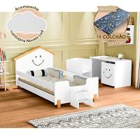 Cama Infantil Com Colchão Solteiro Alegra Branca E Amêndoa + Luminária Led - Cor: Branco - 1