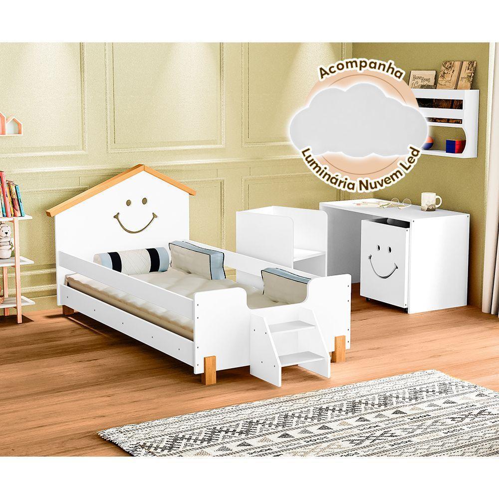 Cama Juvenil Infantil Alegra Branca E Amêndoa Acompanha Luminária Led - Branco - 1