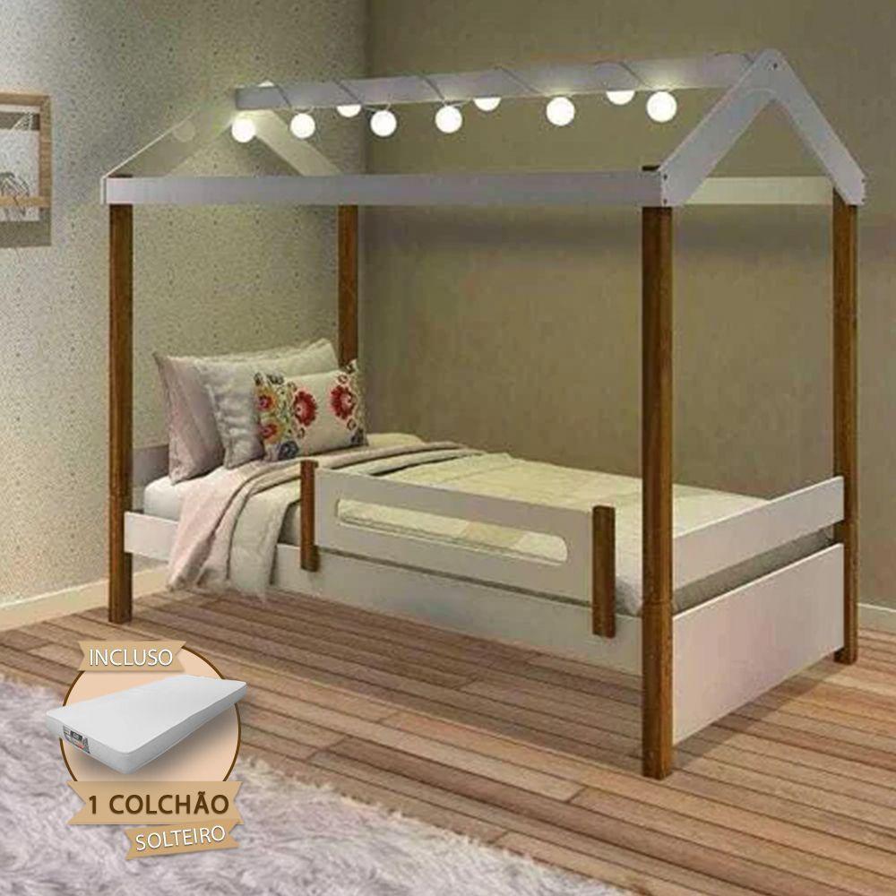 Cama Montessoriana Solteiro Casinha Eliz Com Led Grade De Proteção E Colchão Branca/Mel - 1