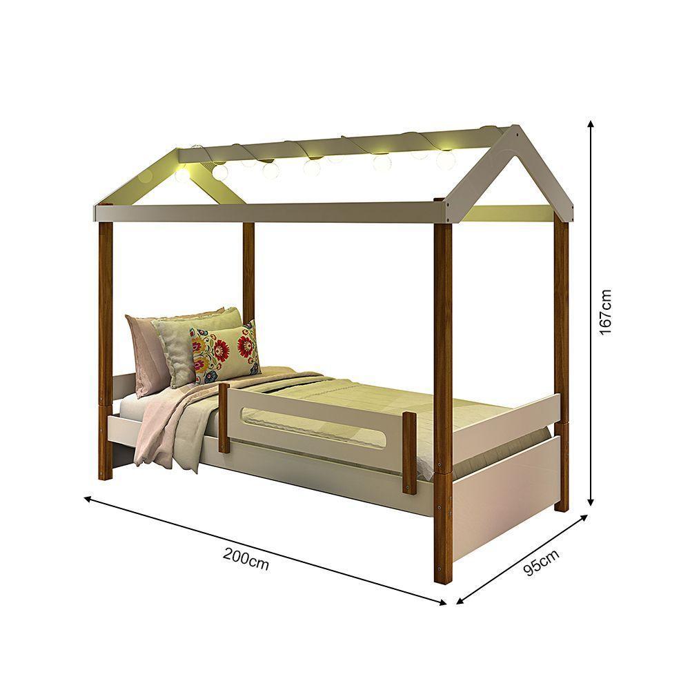 Cama Montessoriana Solteiro Casinha Eliz Com Led Grade De Proteção E Colchão Branca/Mel - 3