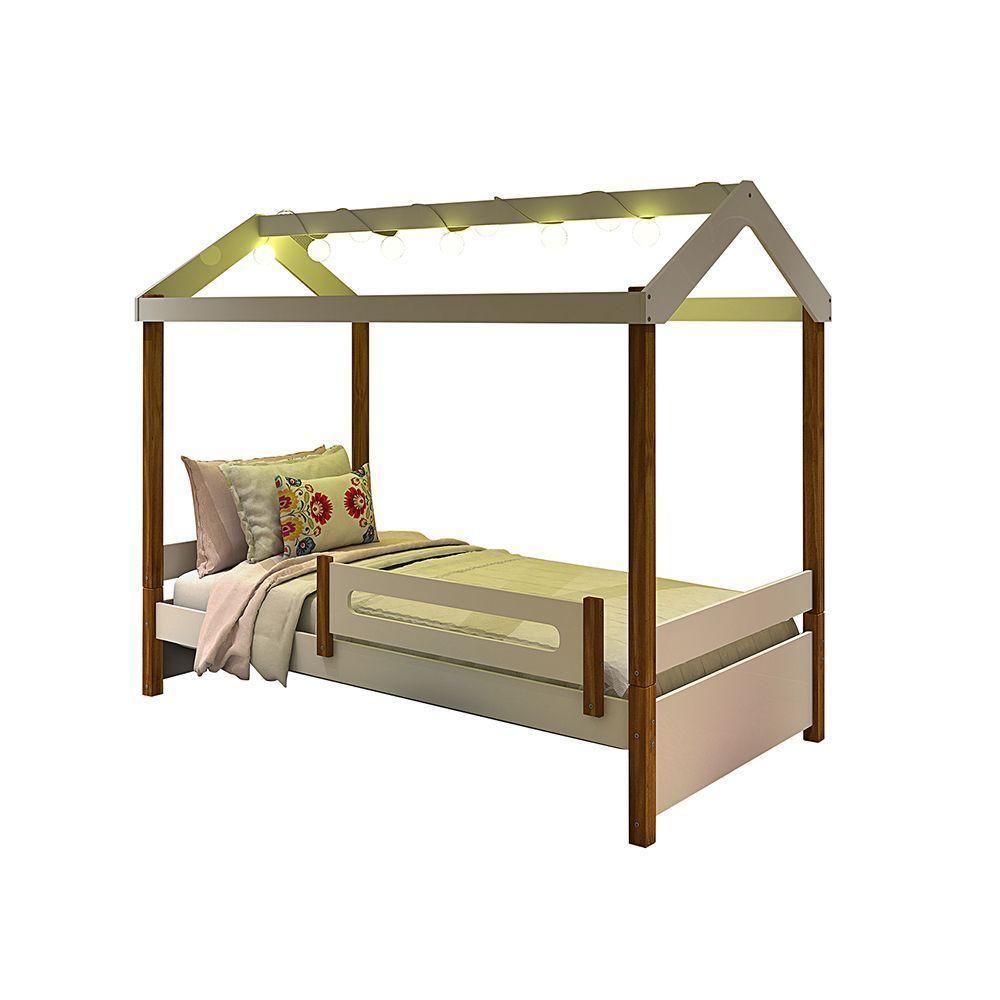 Cama Montessoriana Solteiro Casinha Eliz Com Led Grade De Proteção E Colchão Branca/Mel - 5