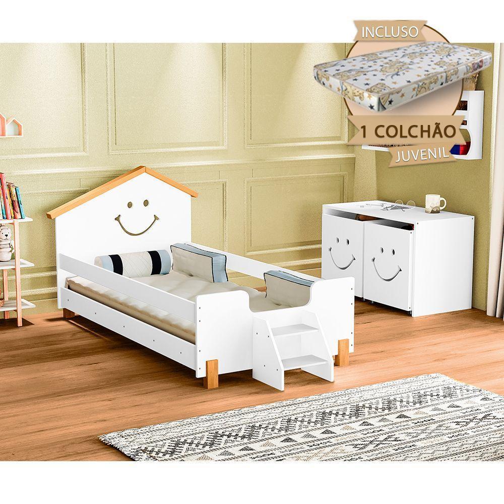 Cama Infantil Com Colchão Juvenil AlegraBranca E Mel Branco - 1