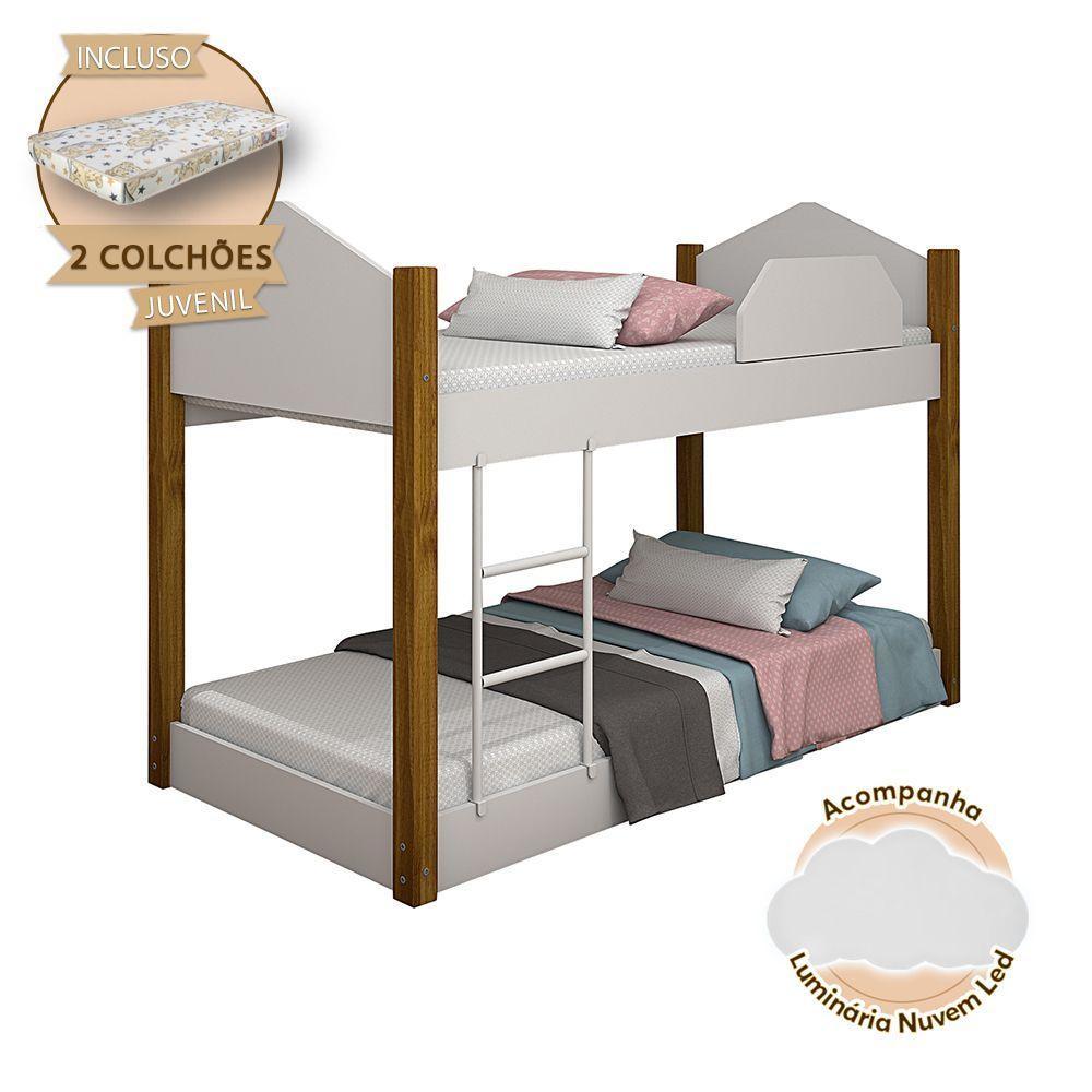 Beliche Infantil Juvenil Luiza Colchões E Luminária LedBranca E Amêndoa Branco - 2