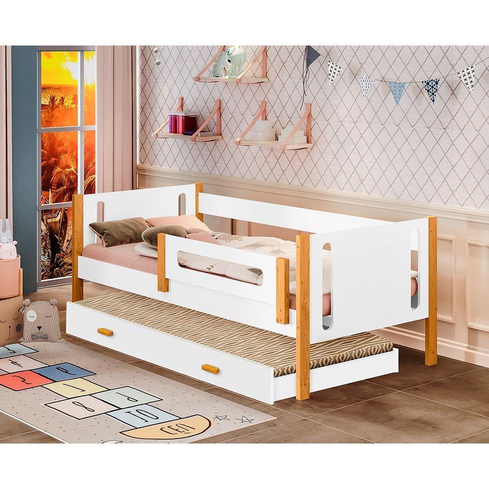 Cama Babá Infantil Mirela Com Cama Auxiliar Branco/Mel Com Grade De Proteção Branco - 1