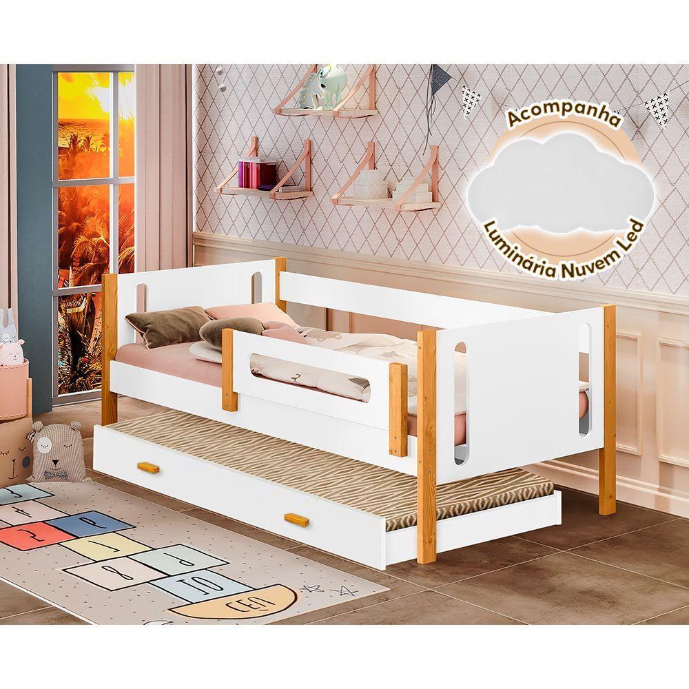 Cama Babá Solteiro Mirela C/ Cama Auxiliar Branco/Amêndoa Grade De Proteção + Luminária Led Branco - 1