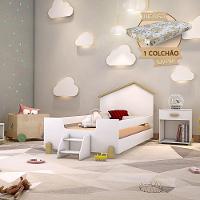 Cama Infantil Com Colchão E Escadinha Juvenil Ayla - Branca E Natural - Cor: Branco - 1
