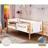 Cama Infantil Com Colchão Mirela Com Grade De Proteção Branco/Amêndoa + Luminária Led - Cor: Branco - 1