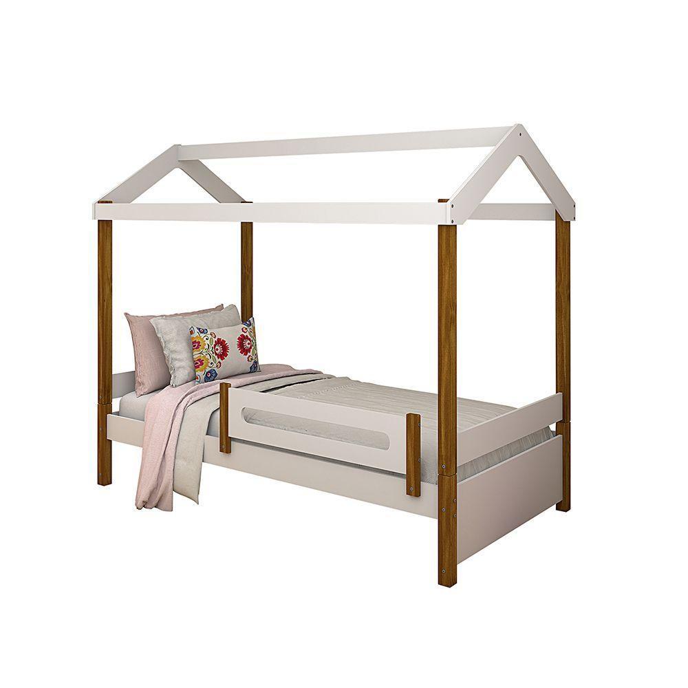 Cama Solteiro Montessoriana Casinha Eliz Com Colchão E Grade De ProteçãoBranco/mel Branco - 1
