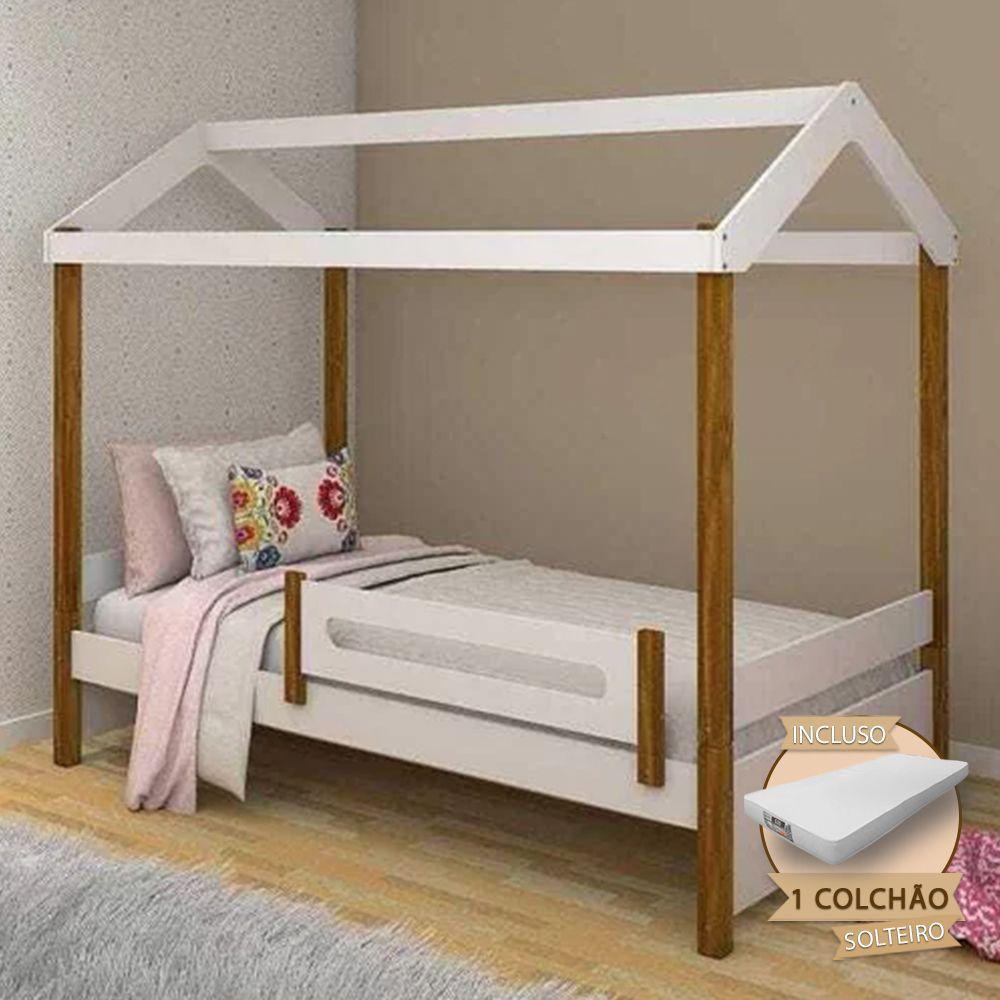 Cama Solteiro Montessoriana Casinha Eliz Com Colchão E Grade De ProteçãoBranco/mel Branco - 2