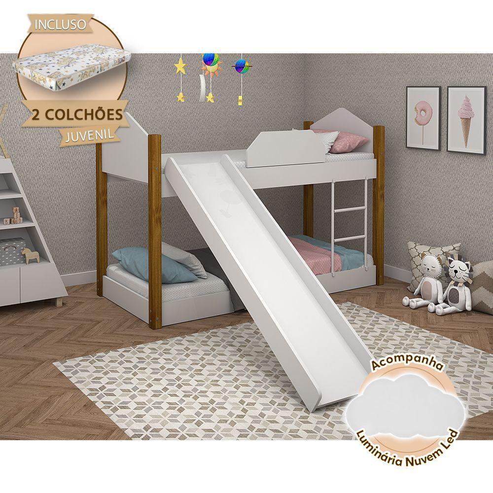 Beliche Infantil Luiza Com Colchões Juvenil + Escorregador E Luminária Led - Branca/Amêndoa Branco - 1